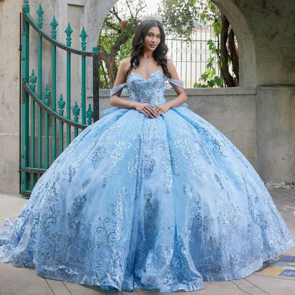 New Powder Blue Sequins Embellished Long Quinceanera Gown w/ Back Bow JT1510H - Picture 3 of 8